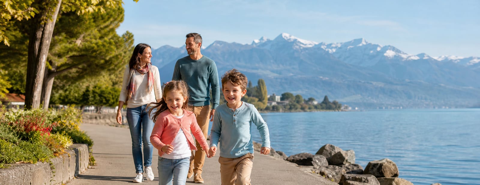 Une famille se promène au bord du lac à Lausanne un matin de week-end ensoleillé, les Alpes en arrière-plan.
