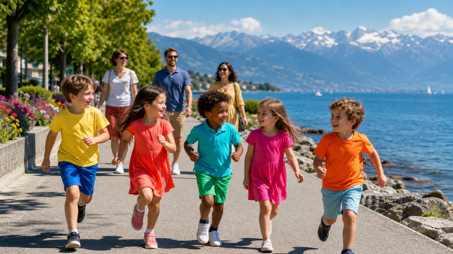 Une famille se promène au bord du lac à Lausanne un matin de week-end ensoleillé, les Alpes en arrière-plan.