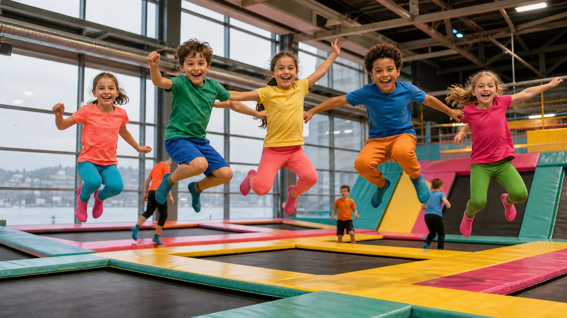 Des enfants sautent joyeusement dans un parc de trampoline couvert un jour de pluie à Lausanne.