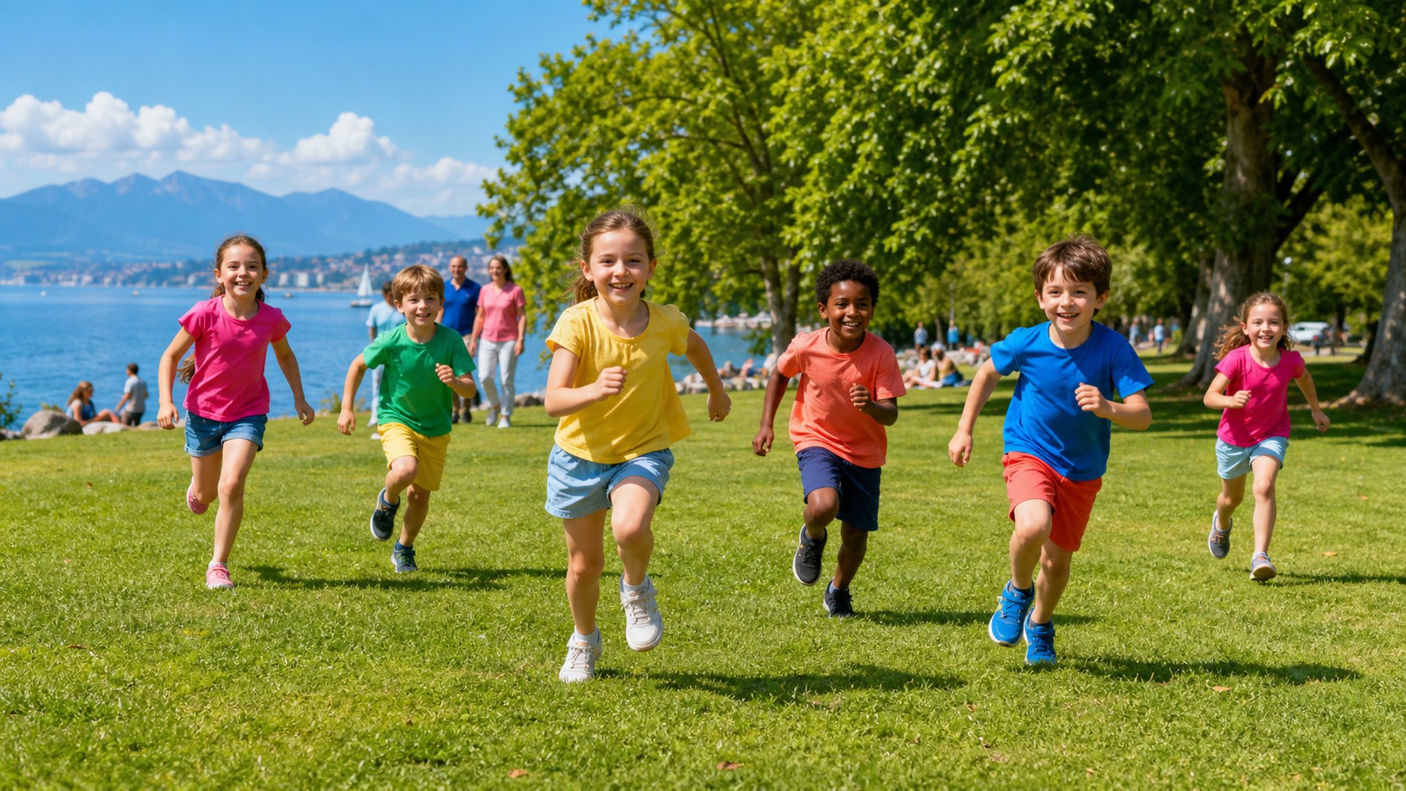 Des enfants jouent librement dans un parc au bord du lac à Lausanne par une journée ensoleillée.