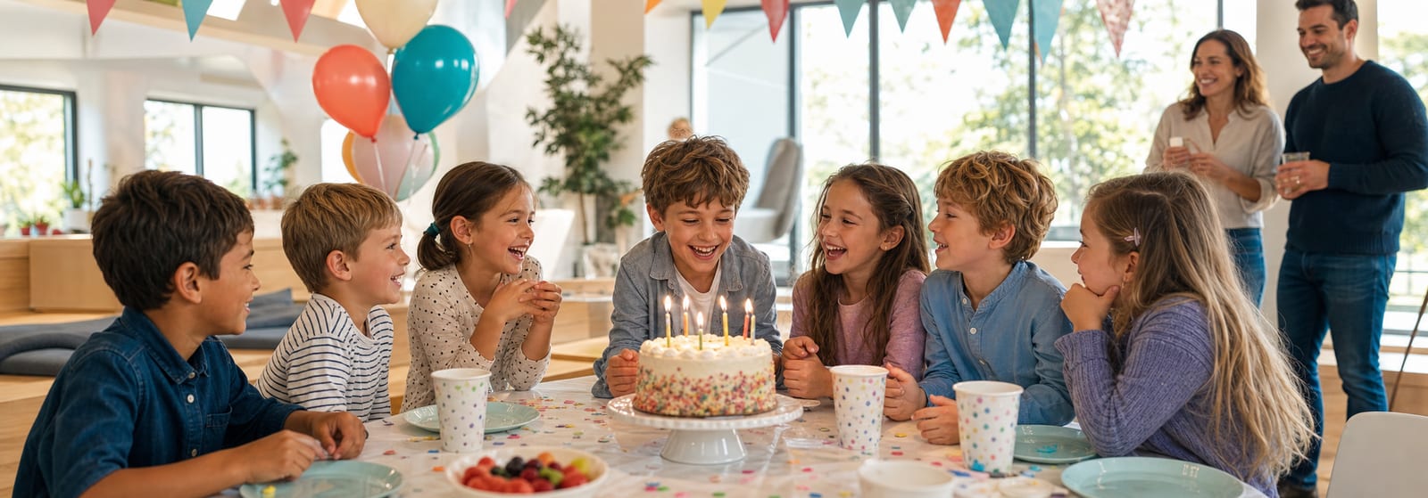 Des enfants fêtent un anniversaire avec des ballons colorés et un gâteau dans une salle lumineuse.