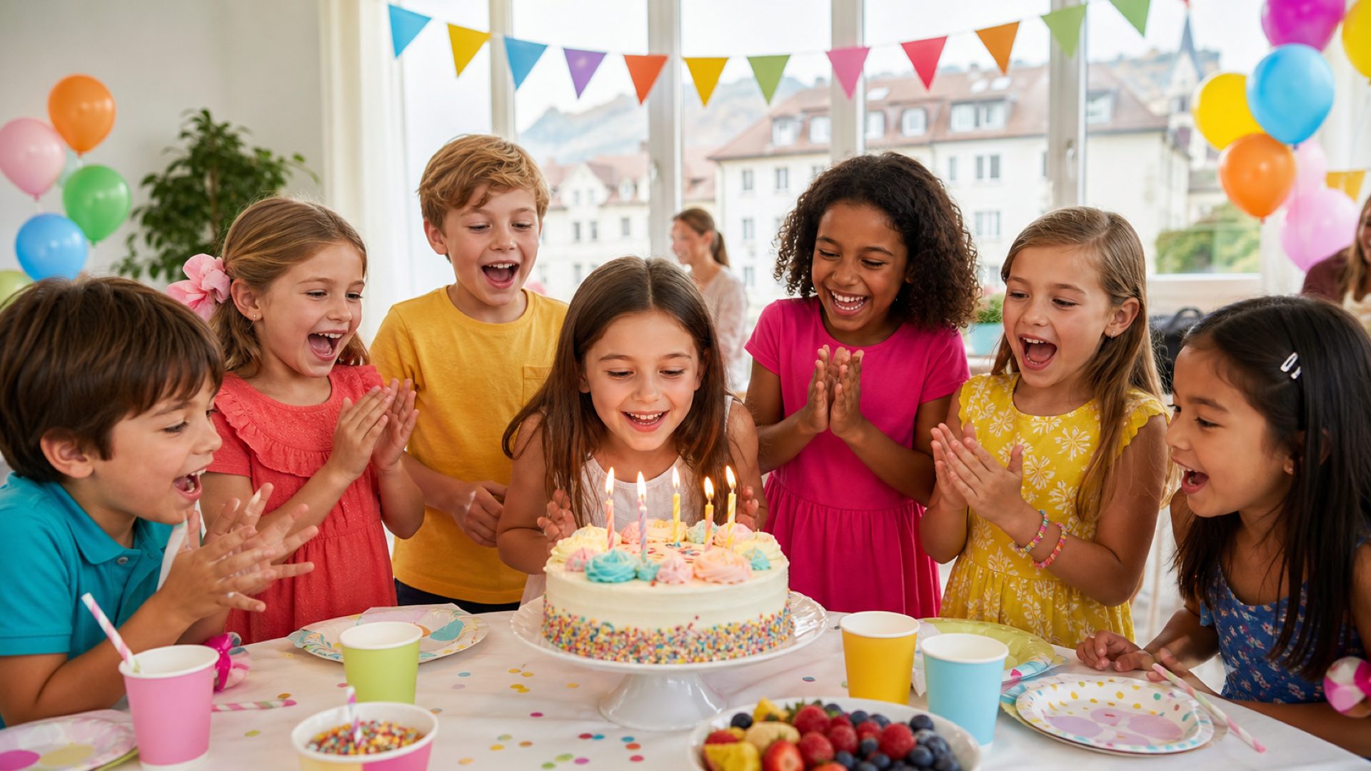 Des enfants fêtent un anniversaire avec des ballons colorés et un gâteau dans une salle lumineuse.