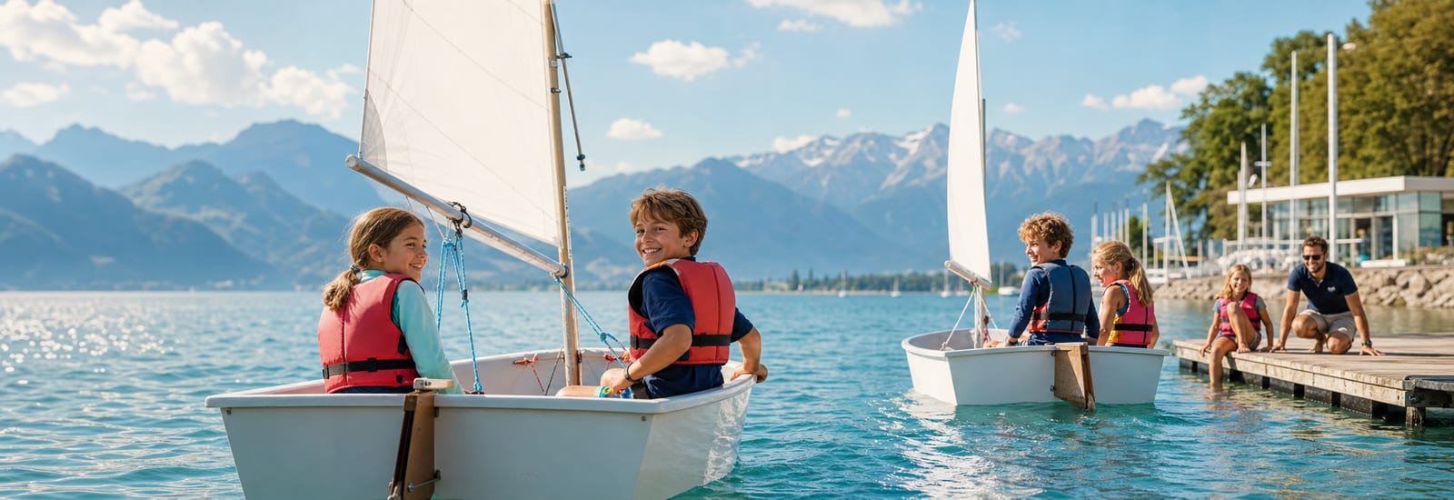 Des enfants apprennent à faire de la voile sur le lac Léman lors d'un camp d'été, les Alpes en arrière-plan.