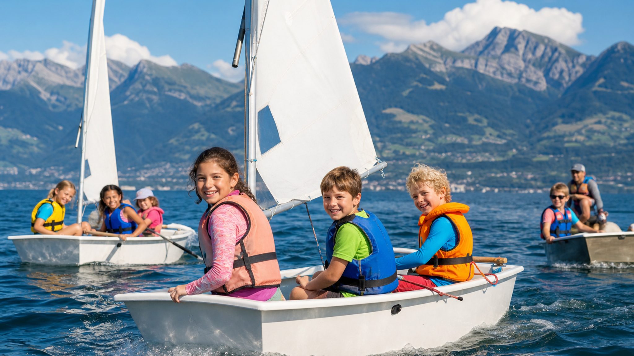 Des enfants apprennent à faire de la voile sur le lac Léman lors d'un camp d'été, les Alpes en arrière-plan.
