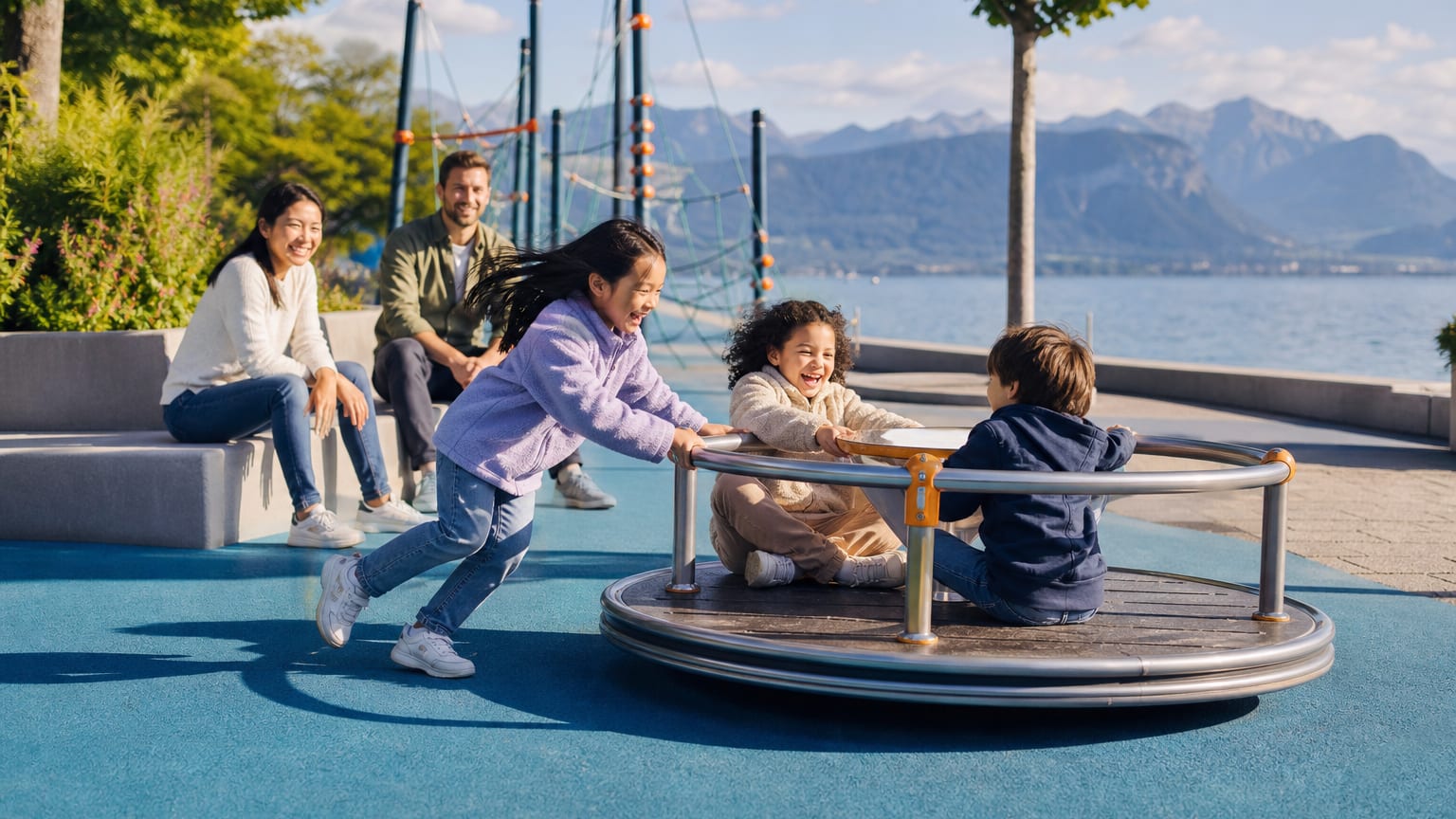 A multicultural family enjoying a weekend outing together at a Lausanne playground by the lake.