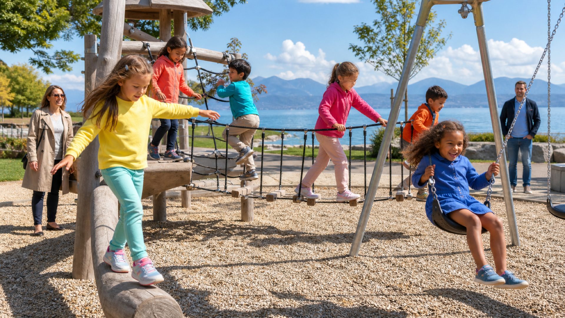 A multicultural family enjoying a weekend outing together at a Lausanne playground by the lake.