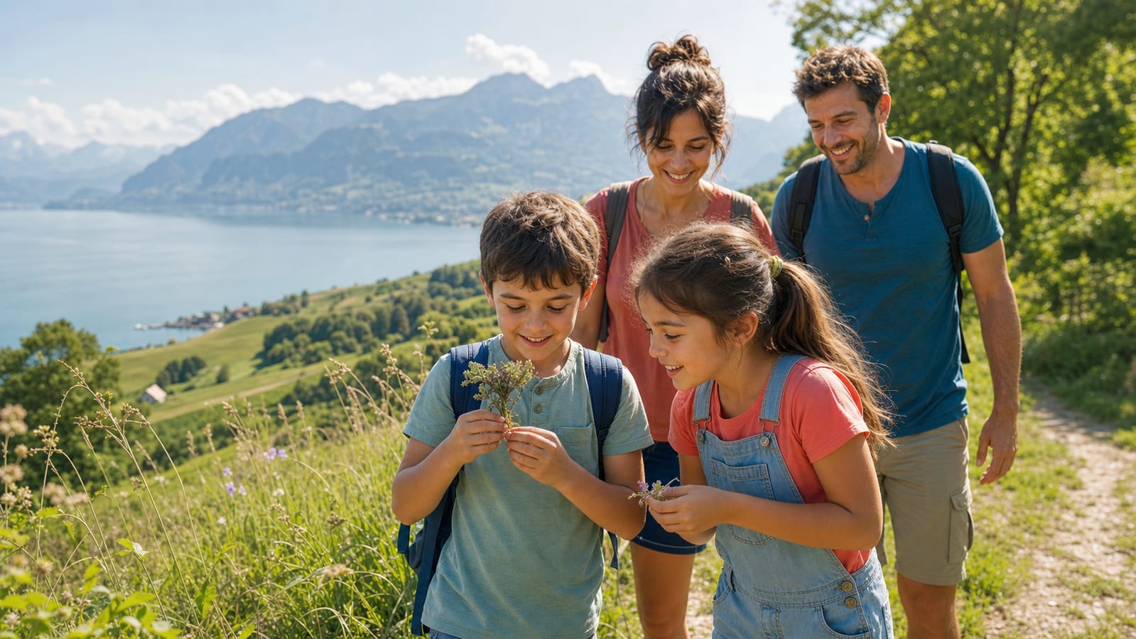 Une famille joyeuse partage une activité de découverte en plein air en Suisse.