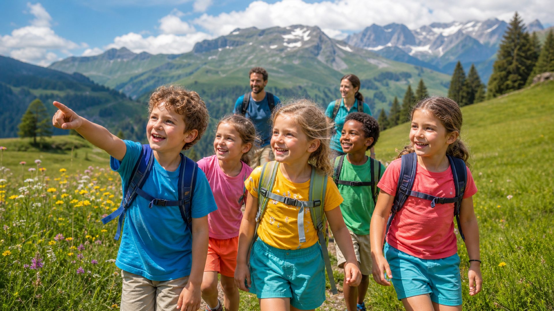 Une famille joyeuse partage une activité de découverte en plein air en Suisse.