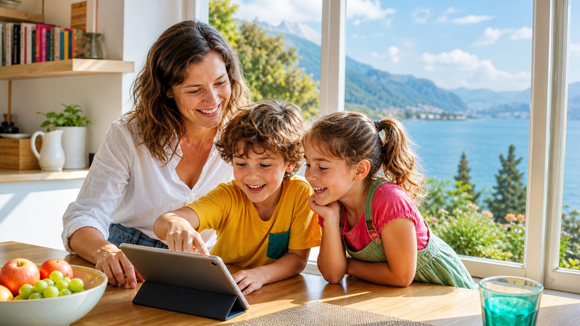 Un parent et deux enfants choisissent une activité ensemble à la table de la cuisine, le lac Léman visible par la fenêtre.