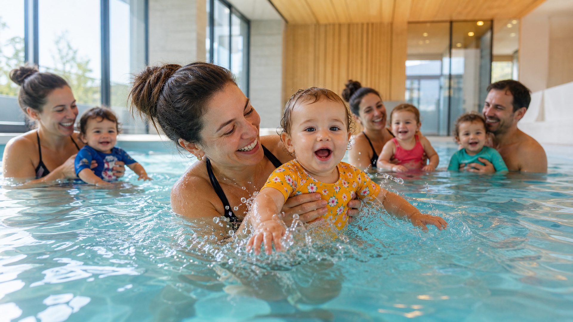 A parent and a toddler at a gentle parent-and-baby swimming class in a bright indoor pool in Lausanne.